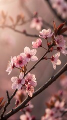 Obraz premium Delicate pink cherry blossoms bloom on a tree branch with soft sunlight filtering through the petals