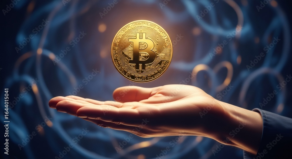 Poster bitcoin cryptocurrency hovering over an open human hand. blockchain technology and digital currency 