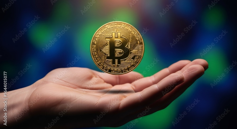 Aufkleber bitcoin cryptocurrency hovering over an open human hand. blockchain technology and digital currency 