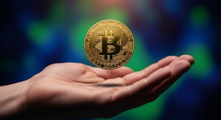 Bitcoin cryptocurrency hovering over an open human hand. Blockchain technology and digital currency investment concept. Financial innovation.