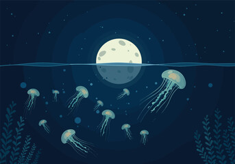 Enchanting Night Ocean Scene Graceful Jellyfish Illuminated by a Radiant Full Moon, Drifting Serenity Beneath the Water's Surface.