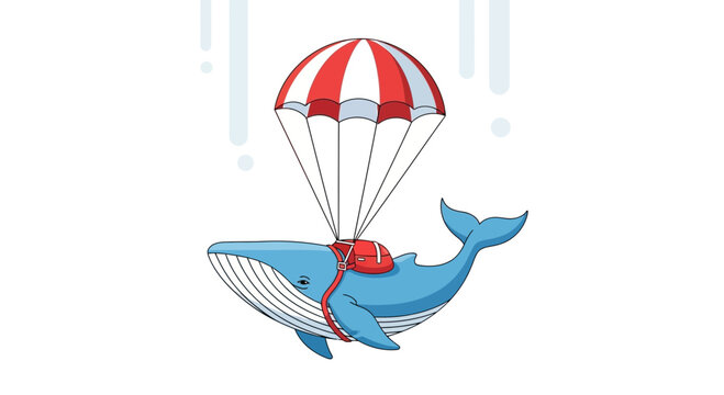 Cartoon blue whale illustration descending with parachute and red backpack design