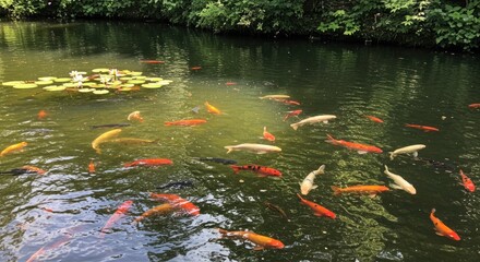 Vibrant Koi Fish Swim Gracefully Amidst Lily Pads in a Lush Green Pond
