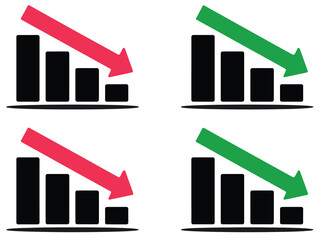 Four Minimalist Bar Graphs Showing Financial Trends, Red Arrows for Decline, Green Arrows for Growth