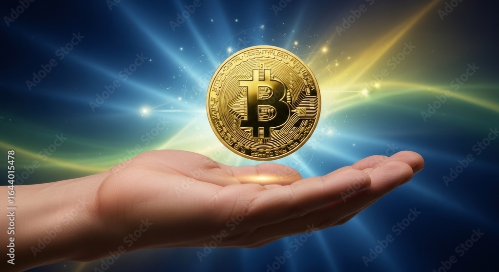 Poster bitcoin cryptocurrency hovering over an open human hand. blockchain technology and digital currency 