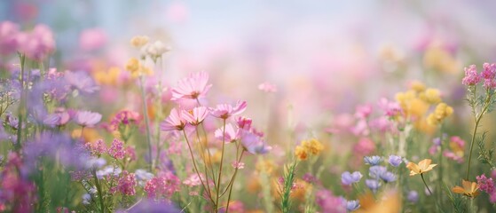 Fototapeta premium The Colorful Wildflowers Blooming in a Serene Meadow Under Soft Light