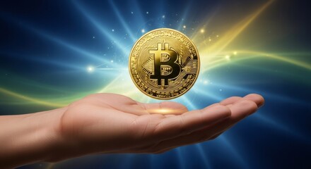 Bitcoin cryptocurrency hovering over an open human hand. Blockchain technology and digital currency investment concept. Financial innovation.
