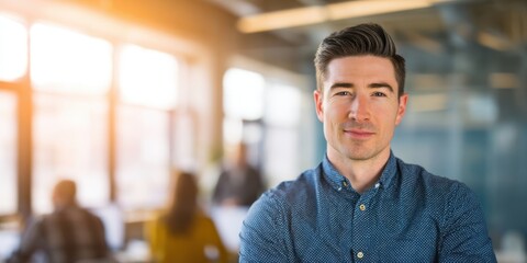 The confident businessman standing in a modern office environment with colleagues.
