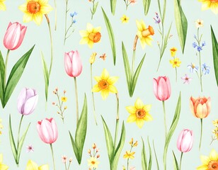 Watercolor spring flowers repeat pattern