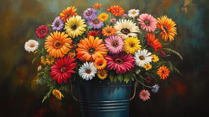 Vibrant Gerbera Daisies in a Rustic Bucket: A Colorful Floral Still Life Painting
