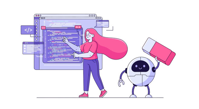 Cartoon illustration of a developer debugging code with the help of an ai assistant