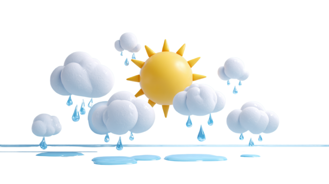 Weather illustration with sun and clouds raining on a dark background concept
