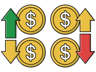 Obraz premium Financial Growth and Decline with Dollar Coins and Up/Down Arrows – Business Finance, Investment Strategy, and Economic Trends Vector Concept