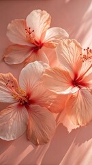 Delicate peach hibiscus flowers with soft petals and subtle sunlight highlights