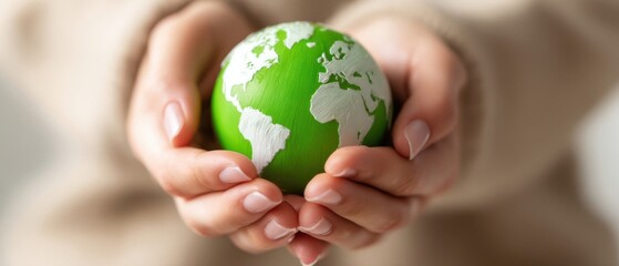 The hands gently holding a green globe symbolize environmental awareness and protection.