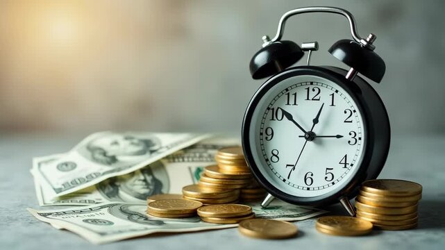 Analog clock over dollar coins and banknotes, soft studio light, concept of time eroding money value, savings and purchasing power loss.

