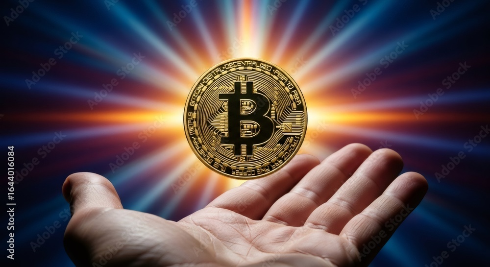 Aufkleber bitcoin cryptocurrency hovering over an open human hand. blockchain technology and digital currency 