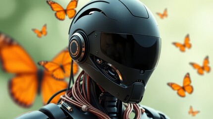 Cyberpunk Dreams: A sleek robotic figure, with a futuristic helmet, is surrounded by ethereal butterflies, representing the intersection of technology and nature.
