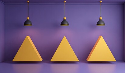 Three levitating mustard-yellow triangular prisms beneath three dark pendant lights against a purple wall in a minimalist 3D rendering
