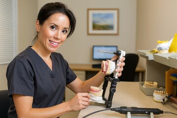 Smiling Dental Technician Holds Dental Models in a Bright Dental Lab Environment