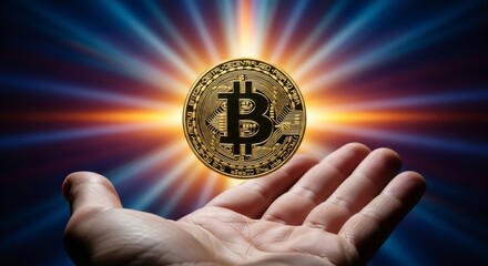 Bitcoin cryptocurrency hovering over an open human hand. Blockchain technology and digital currency investment concept. Financial innovation.