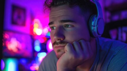 a man with headphones on sitting in front of a computer