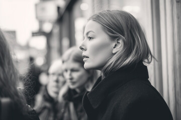 Side profile of a woman in a black coat on a busy street, in monochrome with a candid, documentary style.