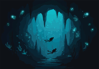 Exploring the Depths Two Divers Discover Bioluminescent Wonders in a Mysterious Underwater Cave System