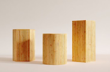 Three light-brown, vertically-grooved cylindrical and hexagonal wooden display stands on a beige background