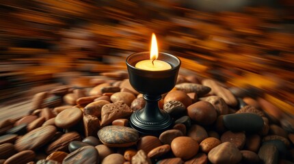 Candle's Warm Embrace: A single candle flickers gently, casting a warm, inviting glow on a bed of smooth stones, evoking tranquility and reflection. 