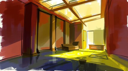 Modern Interior Sketch: Architectural rendering of a sun-drenched interior space, complete with natural light streaming through the skylight, minimalistic furniture, and an inviting atmosphere.
