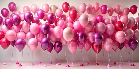 A large group of pink and purple balloons floating and hanging, creating a festive party atmosphere