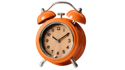 Orange double bell alarm clock with metallic accents and visible time dial