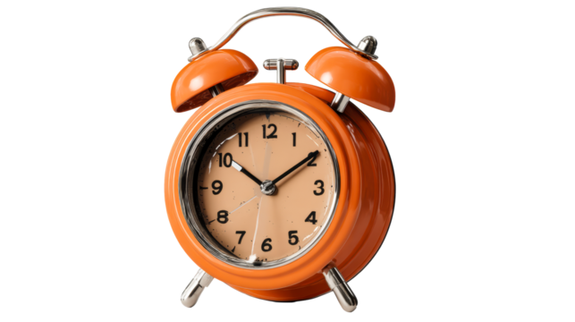 Orange double bell alarm clock with metallic accents and visible time dial