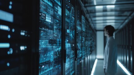 Advanced AI Data Center Interface with Holograms Displaying Interactive Technology Concepts