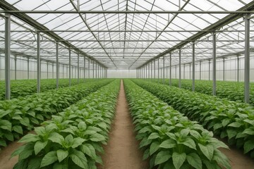 Abundant Crop Growth in Modern Greenhouse for Sustainable Farming and Agricultural Technology Solutions, Ideal for Food Production and Environmental Awareness Campaigns