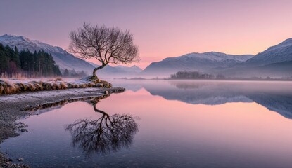 Serene dawn landscape featuring a solitary, leafless tree leaning over a still lake, perfectly mirrored in the calm water, mountains dusted with snow in the background under a soft pink and purple sky