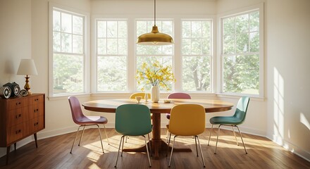 Bright retroinspired dining room space