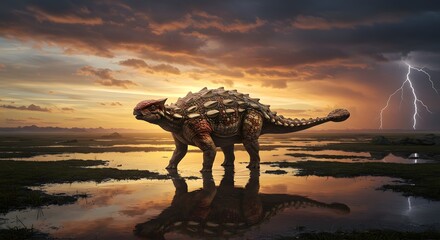 Ankylosaurus standing in a flooded plain with a dramatic sky and lightning in the background landscape