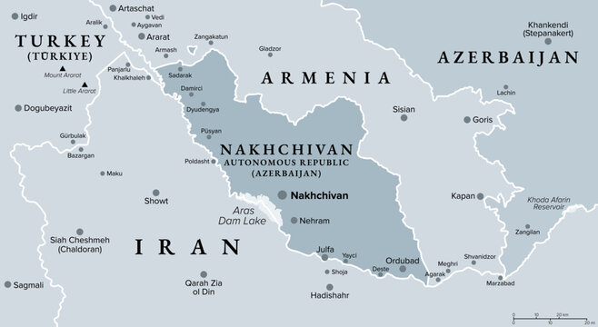 Nakhchivan Autonomous Republic, an exclave of Azerbaijan, gray political map. With Nakhchivan, the capital of the same name. The landlocked exclave is bordering Armenia, Turkey, and Iran. Vector