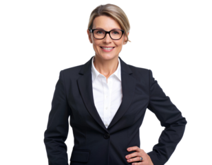 Elegant and Confident Female Professional in a Business Suit, Wearing Glasses, Radiat isolated on a transparent background.