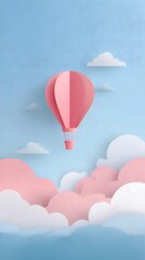 Fototapeta premium ピンクと白の熱気球と雲のミニマルなペーパークラフトアートワーク空の背景
