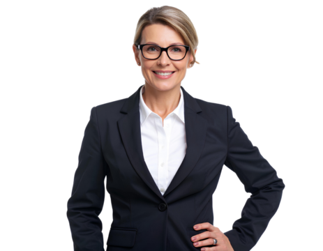 Elegant and Confident Female Professional in a Business Suit, Wearing Glasses, Radiat isolated on a transparent background.
