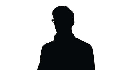 Minimalist vector silhouette of a man thinking with hand on mouth, black design, white background