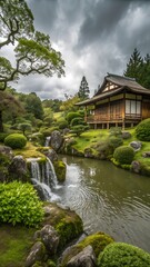 Fototapeta premium Tranquil japanese garden with a traditional wooden house flowing waterfall and lush greenery under a dramatic sky