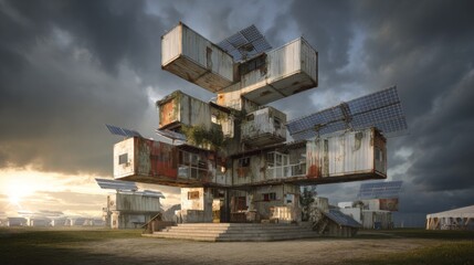 Obraz premium Innovative Emergency Architecture Using Recycled Materials for Sustainable Living and Resilience in Urban Environments