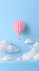 Fototapeta premium ピンクの熱気球と白い雲が浮かぶ薄い青色の空の背景のイラスト