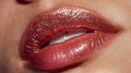 Fototapeta premium Close-Up of Glossy Lips with Metallic Highlights Capturing Vibrant Colors and Shimmering Textures in Beauty Photography
