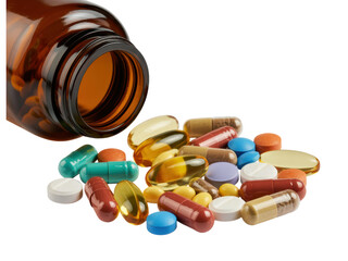 Assorted pills and capsules spilling from bottle
