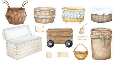Large set of baskets for storage and decoration. Design elements for interior in Scandinavian style, boho, retro. Hand drawn watercolor illustration.